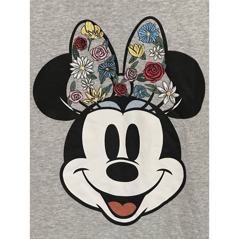 Disney Minnie Mouse Woman’s Medium Gray Floral Embroidery Shirt Gardener Flower